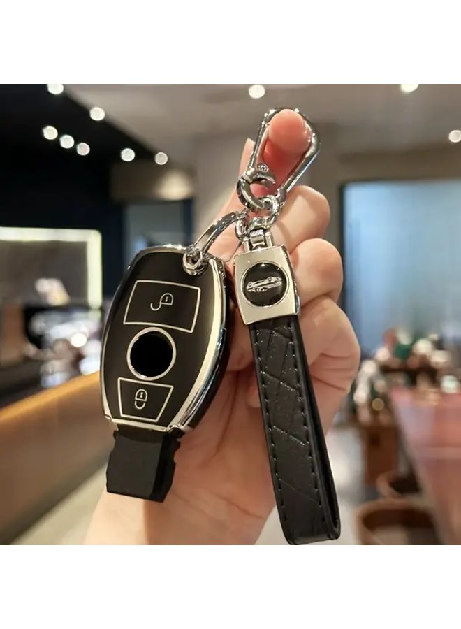 غطاء مفتاح TPU أسود مع سلسلة مفاتيح لسيارات مرسيدس بنز موديلات A و C و E و S و G و CLA و CLS و GLA و GLB و GLC و GLE و GLS - Image 1